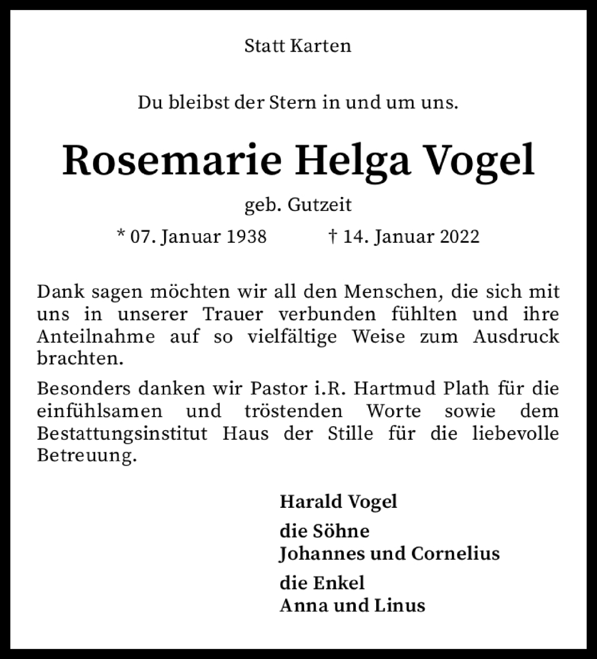  Traueranzeige für Rosemarie Helga Vogel vom 19.02.2022 aus Achimer Kurier/Verdener Nachrichten