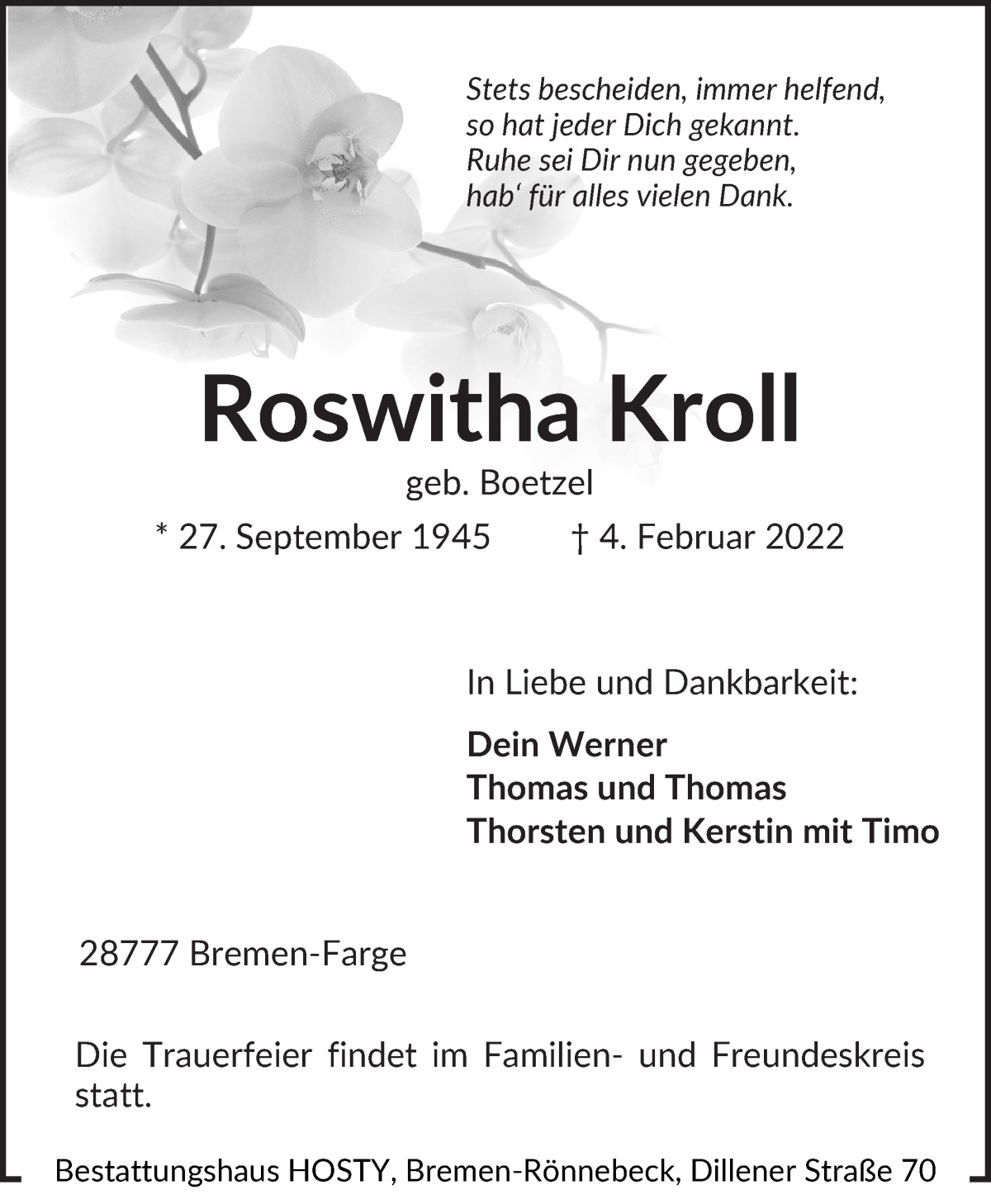 Traueranzeige von Roswitha Kroll von Die Norddeutsche