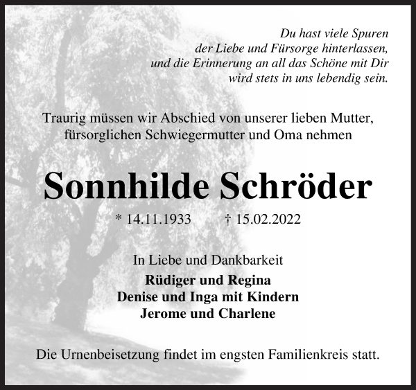 Traueranzeige von Sonnhilde Schröder