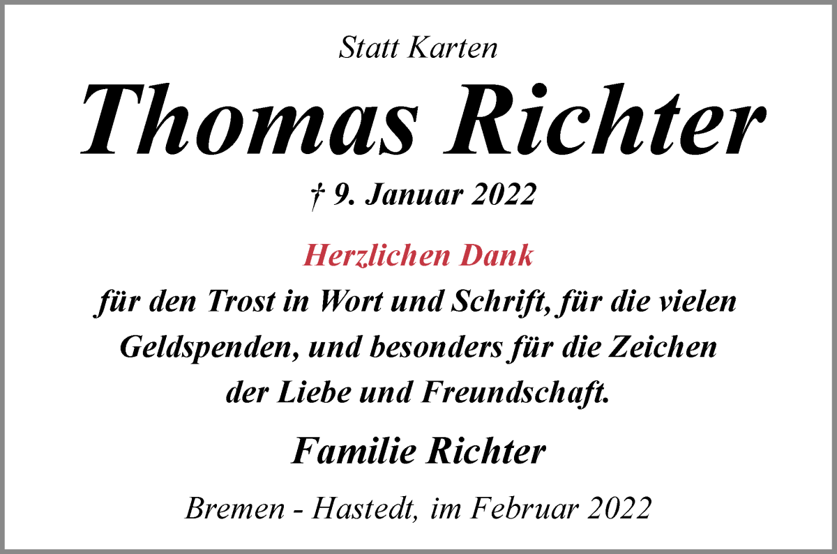  Traueranzeige für Thomas Richter vom 12.02.2022 aus WESER-KURIER