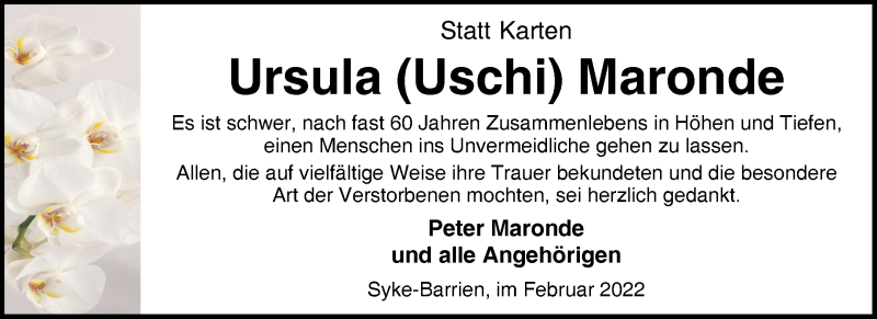  Traueranzeige für Ursula Maronde vom 05.02.2022 aus Regionale Rundschau/Syker Kurier