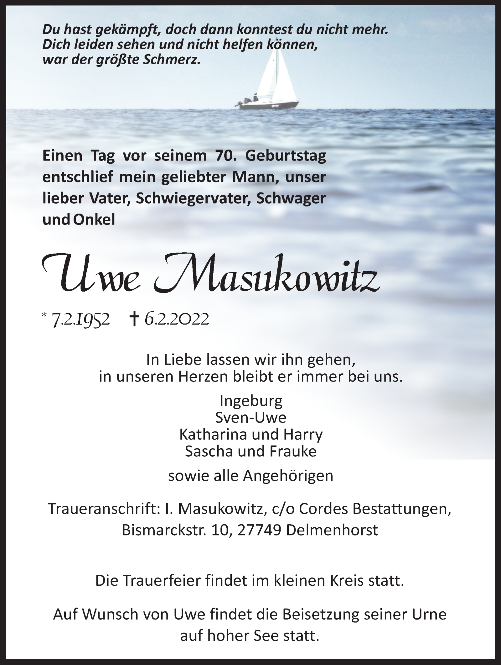  Traueranzeige für Uwe Masukowitz vom 09.02.2022 aus WESER-KURIER