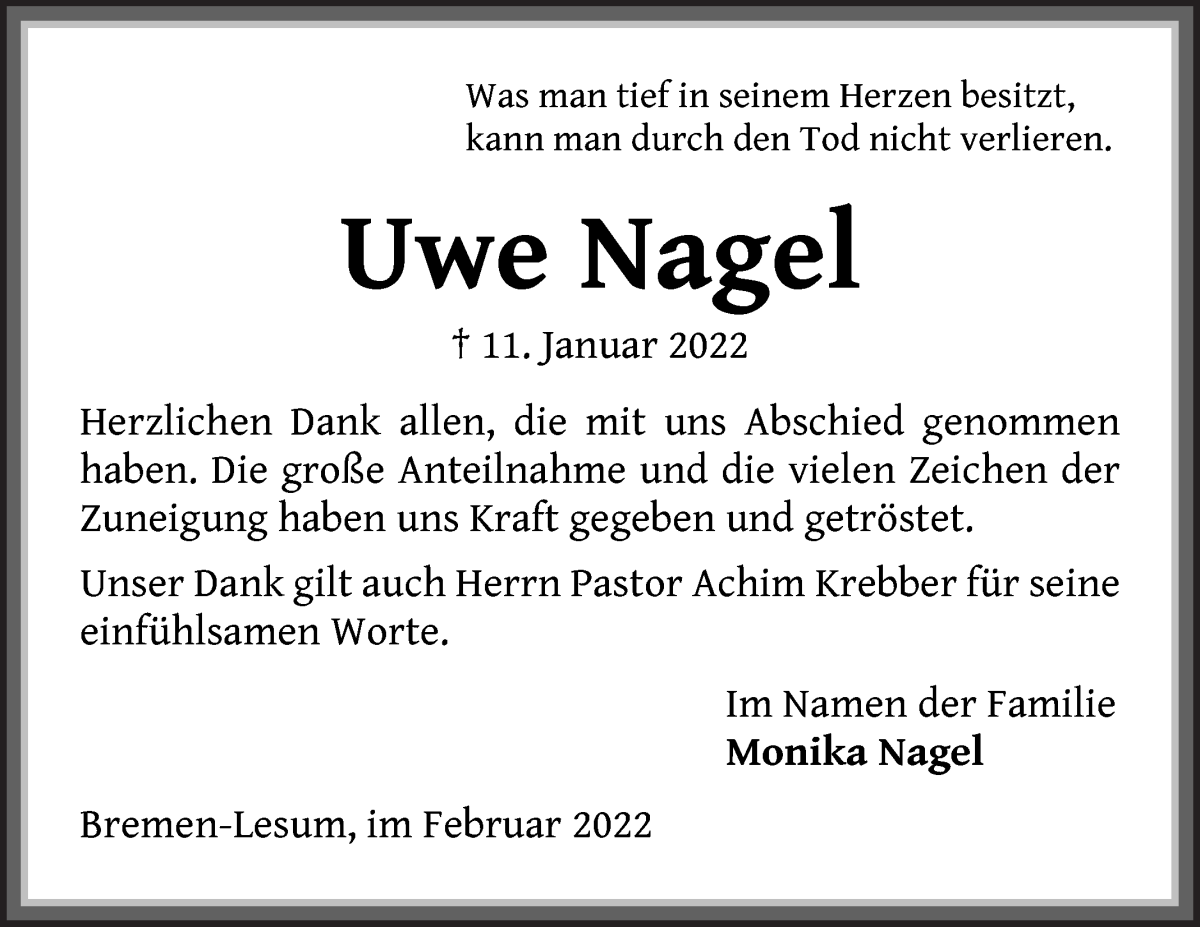  Traueranzeige für Uwe Nagel vom 12.02.2022 aus Die Norddeutsche