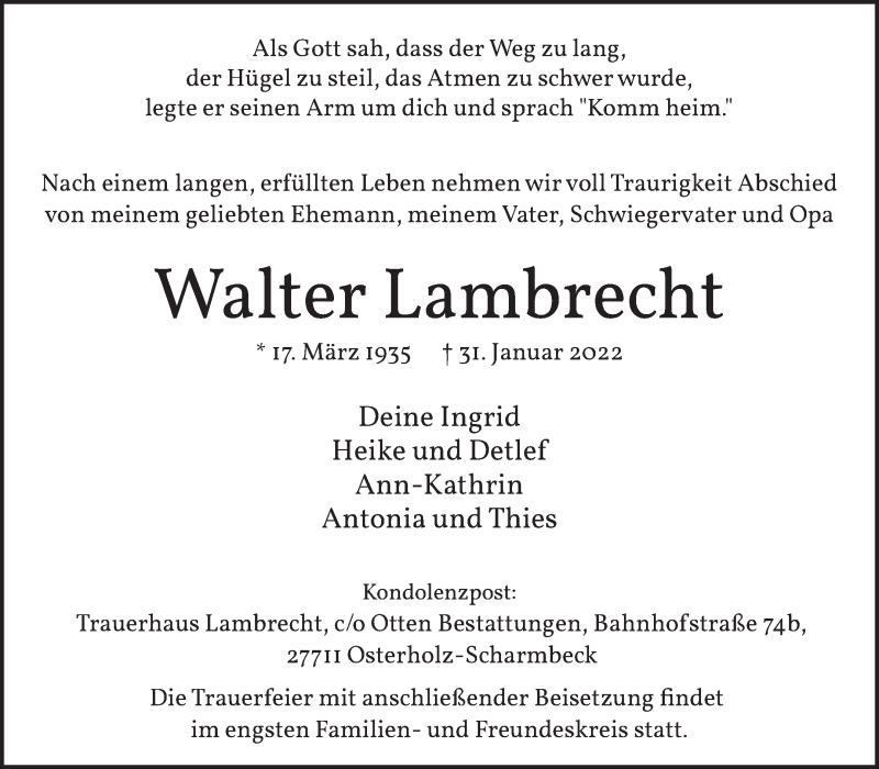 Traueranzeige von Walter Lambrecht von Osterholzer Kreisblatt