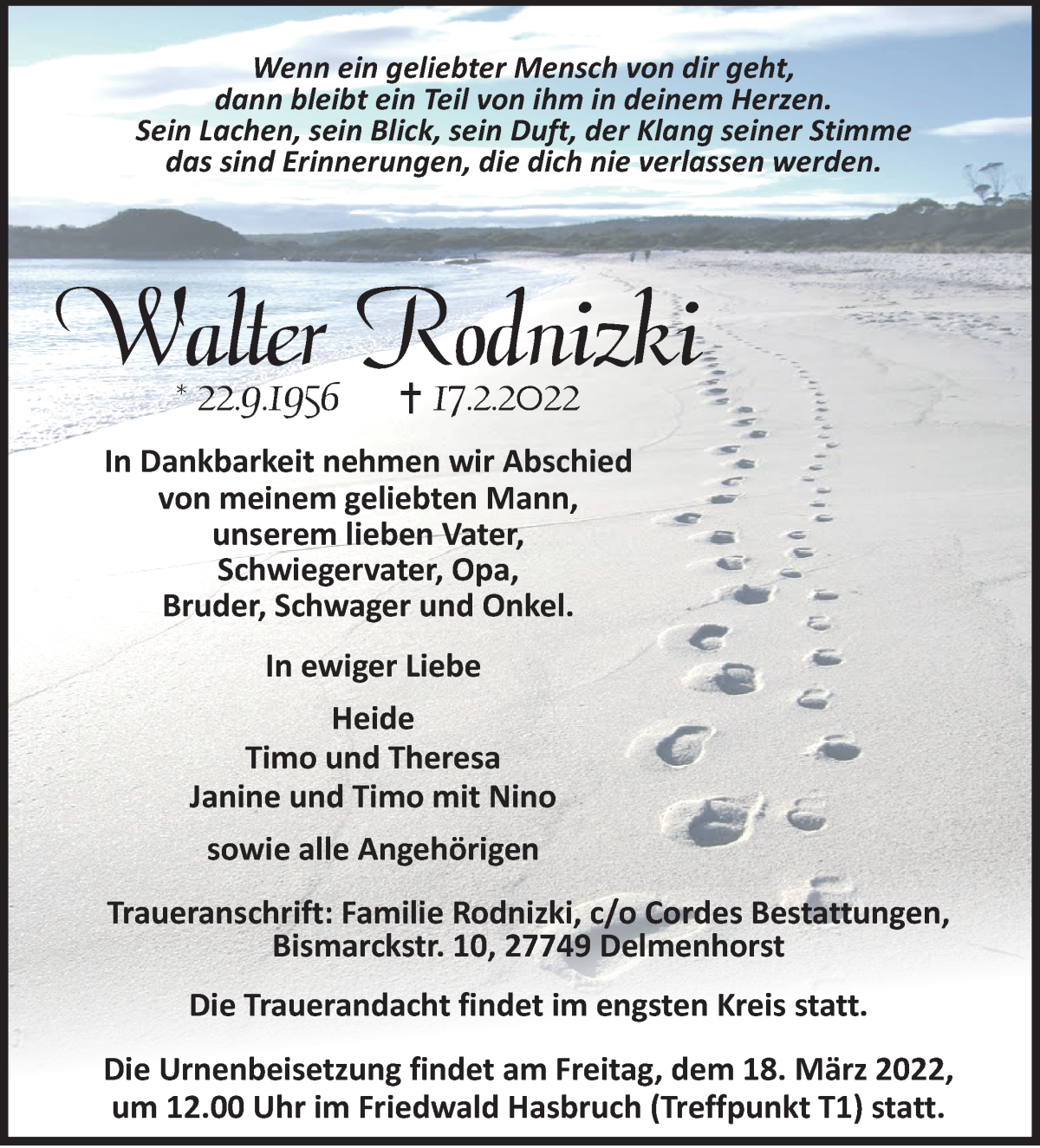  Traueranzeige für Walter Rodnizki vom 23.02.2022 aus WESER-KURIER