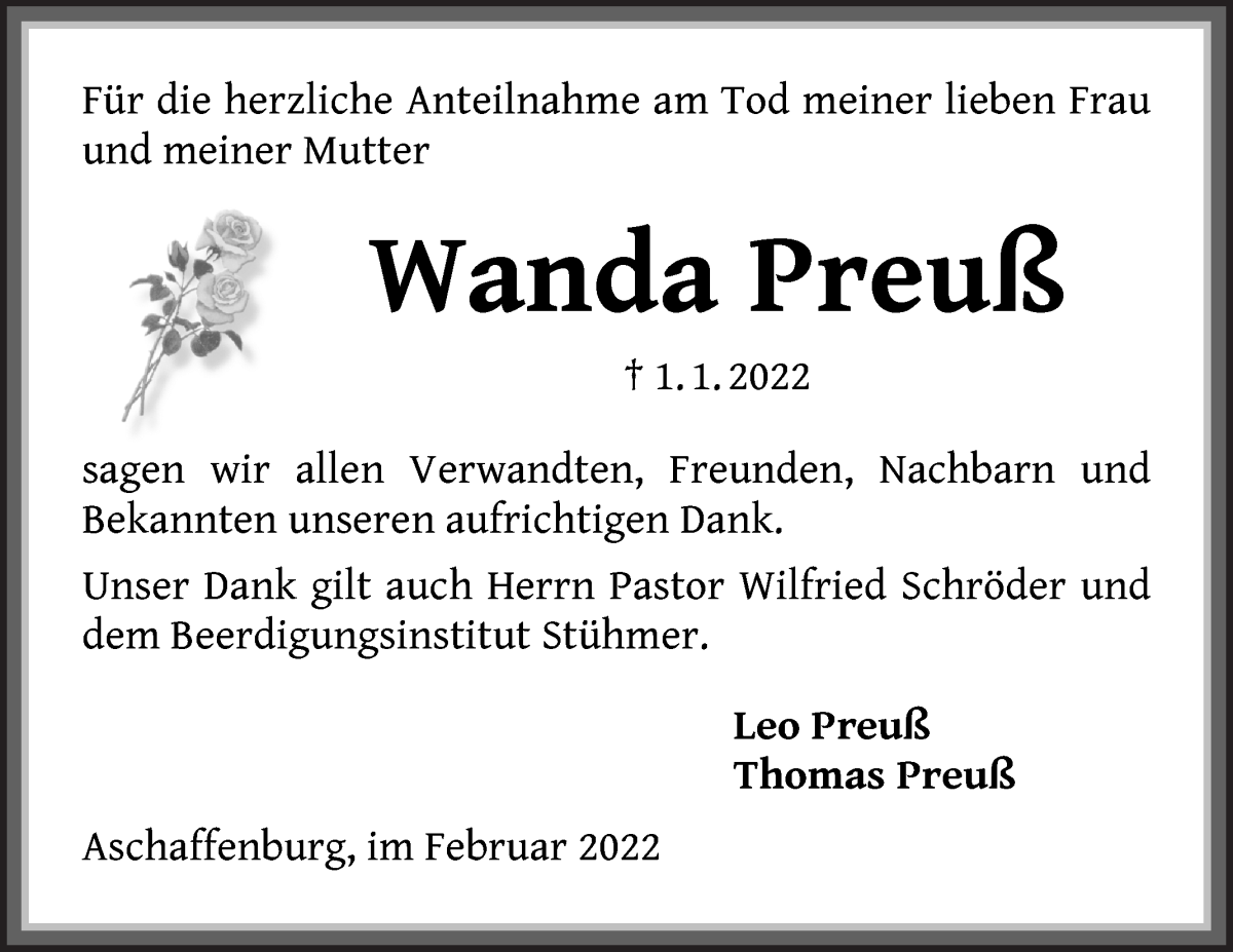  Traueranzeige für Wanda Preuß vom 12.02.2022 aus Die Norddeutsche