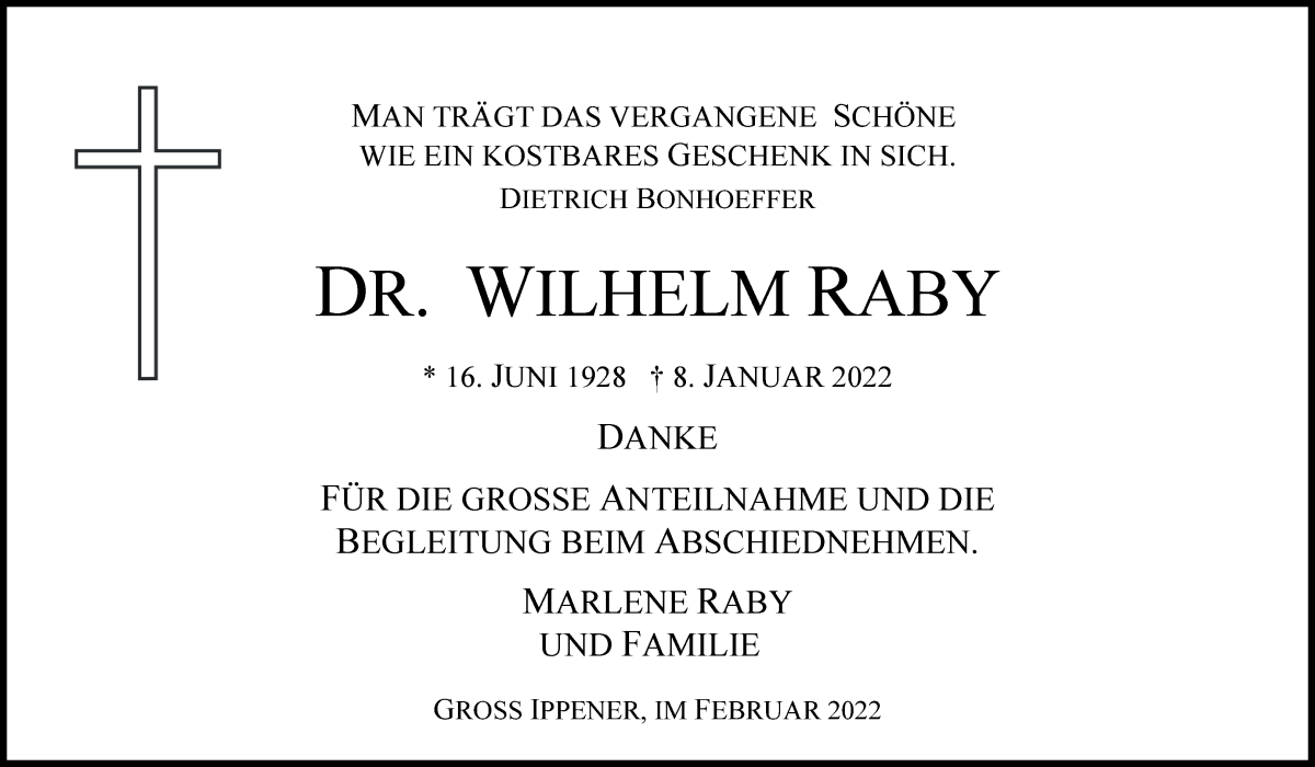  Traueranzeige für Wilhelm Raby vom 26.02.2022 aus Achimer Kurier/Verdener Nachrichten
