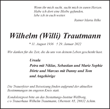 Traueranzeige von Wilhelm Trautmann von WESER-KURIER