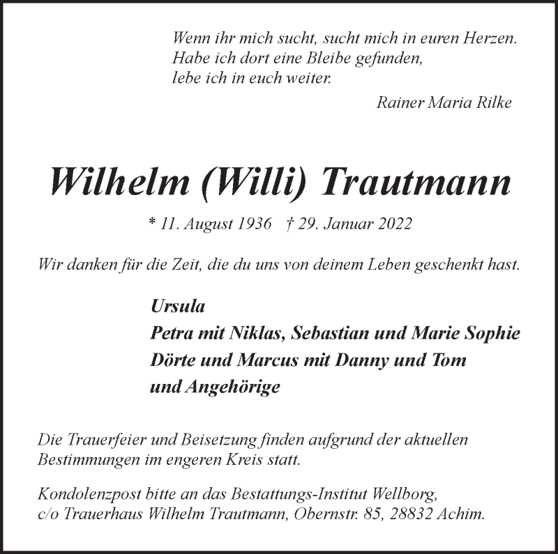  Traueranzeige für Wilhelm Trautmann vom 05.02.2022 aus WESER-KURIER