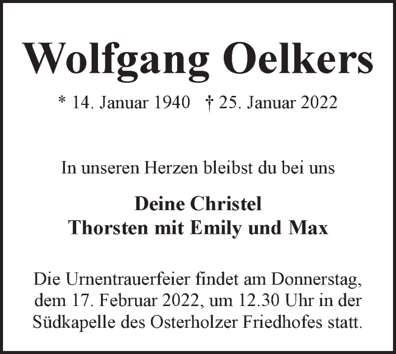  Traueranzeige für Wolfgang Oelkers vom 05.02.2022 aus WESER-KURIER
