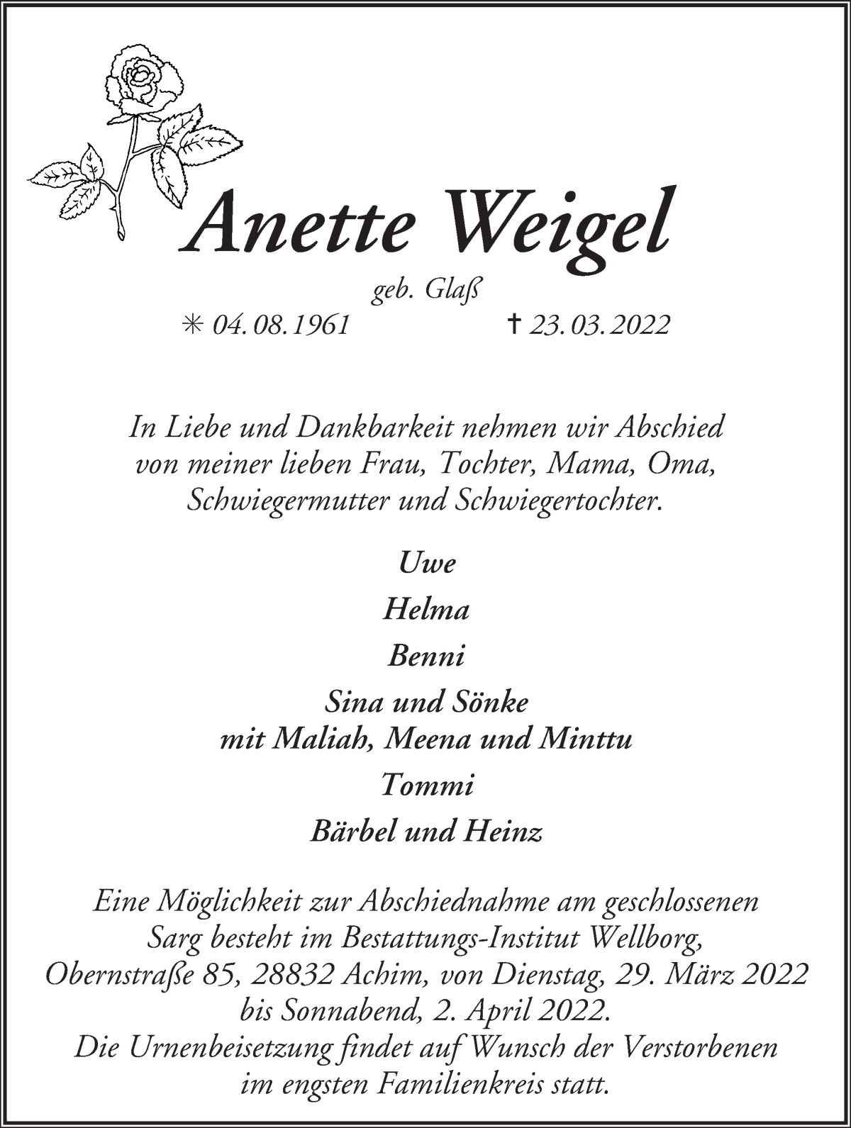  Traueranzeige für Anette Weigel vom 29.03.2022 aus Achimer Kurier/Verdener Nachrichten