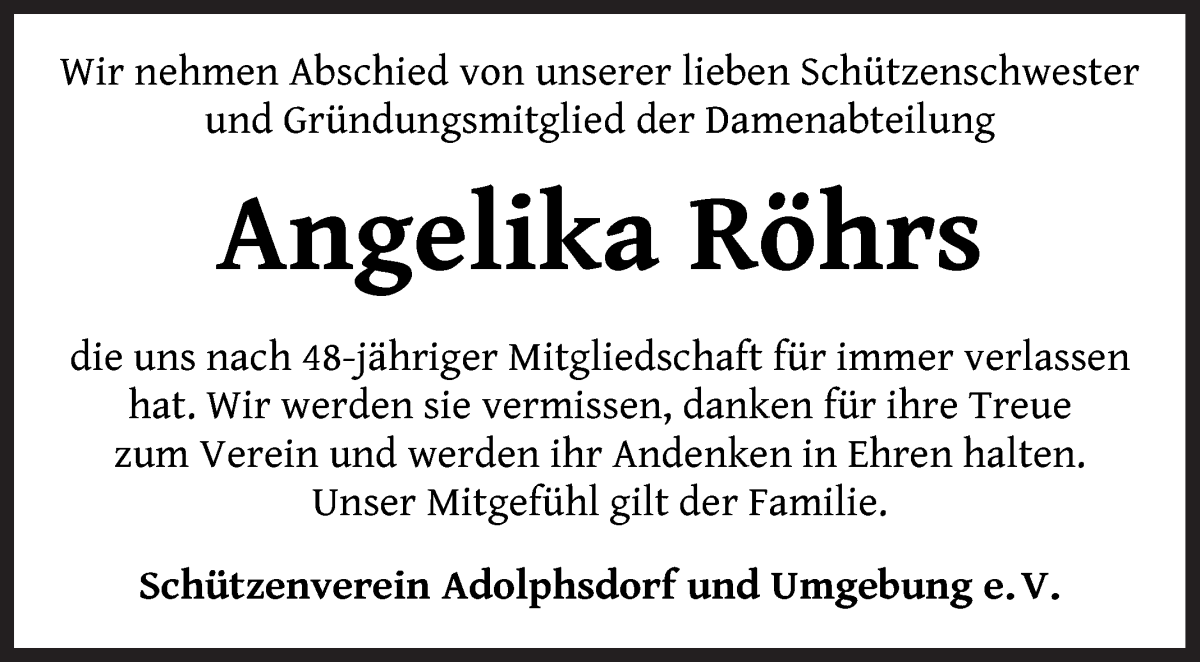 Traueranzeige von Angelika Röhrs von Wuemme Zeitung