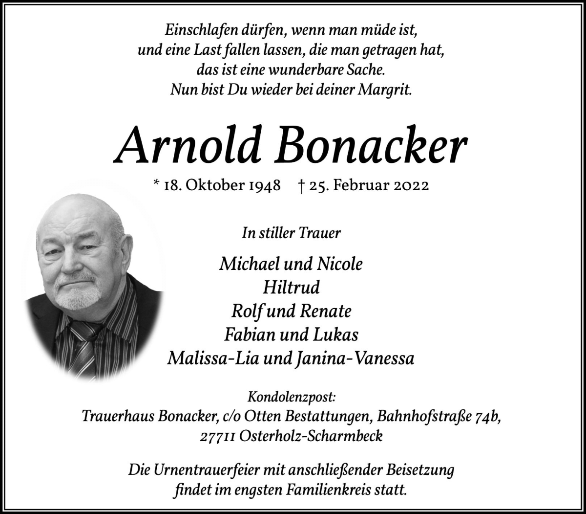 Traueranzeige von Arnold Bonacker von Osterholzer Kreisblatt