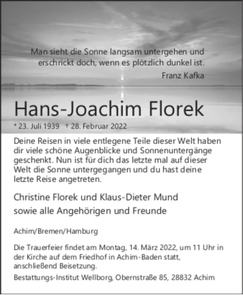 Traueranzeige von Hans-Joachim Florek von WESER-KURIER