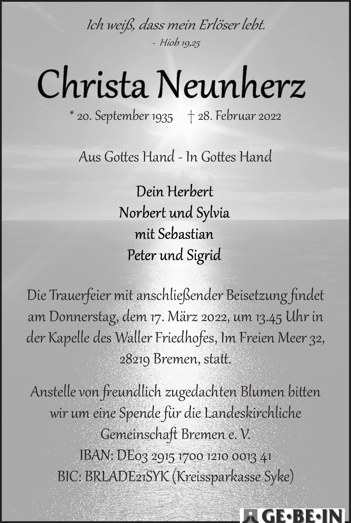 Traueranzeige von Christa Neunherz von WESER-KURIER