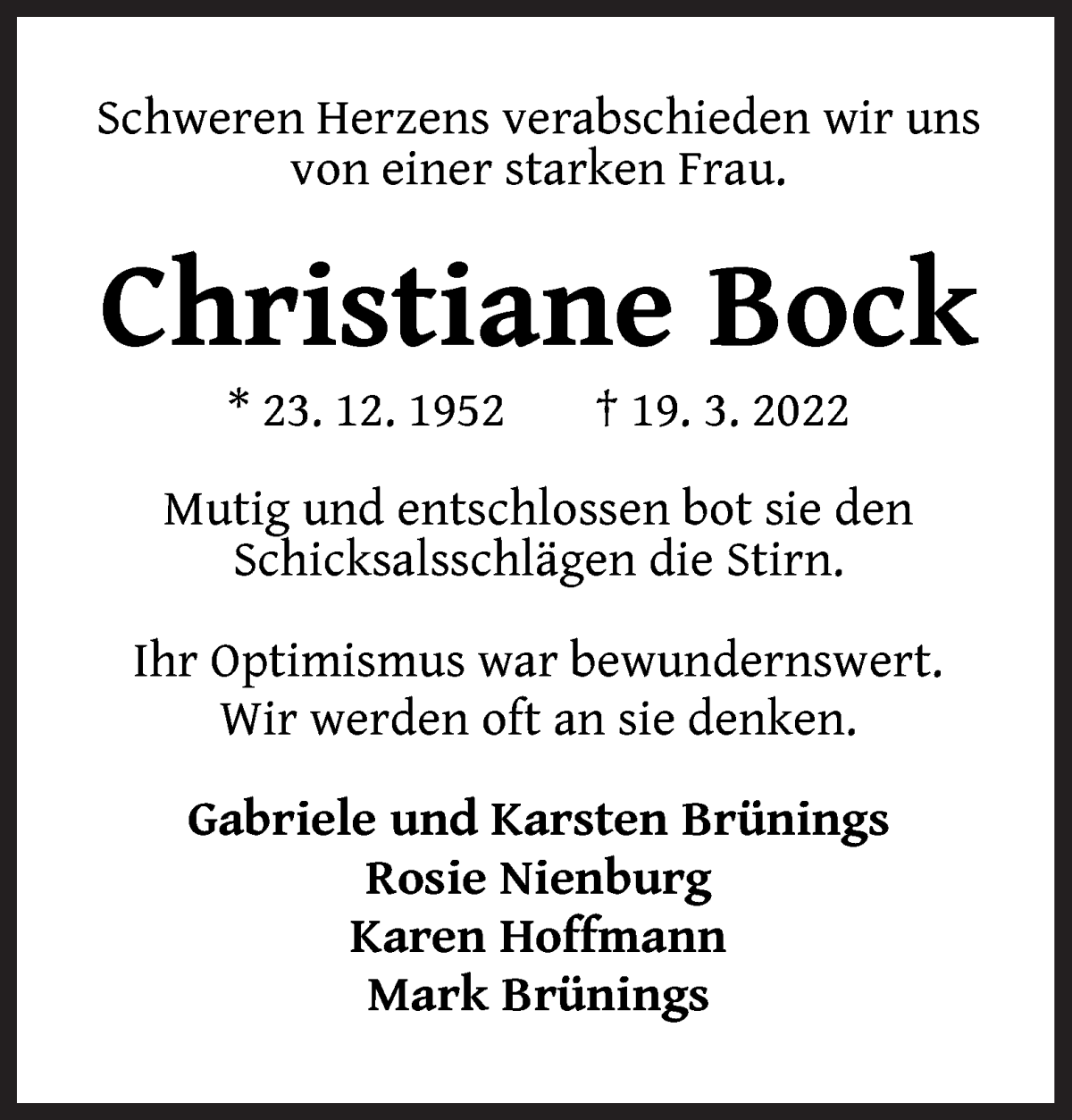  Traueranzeige für Christiane Bock vom 26.03.2022 aus WESER-KURIER