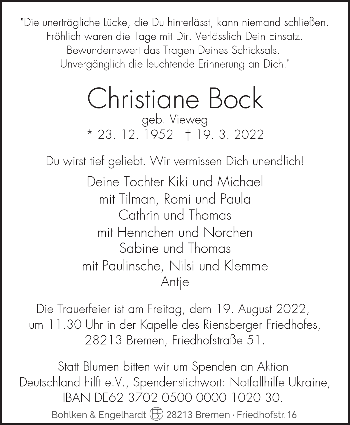  Traueranzeige für Christiane Bock vom 26.03.2022 aus WESER-KURIER