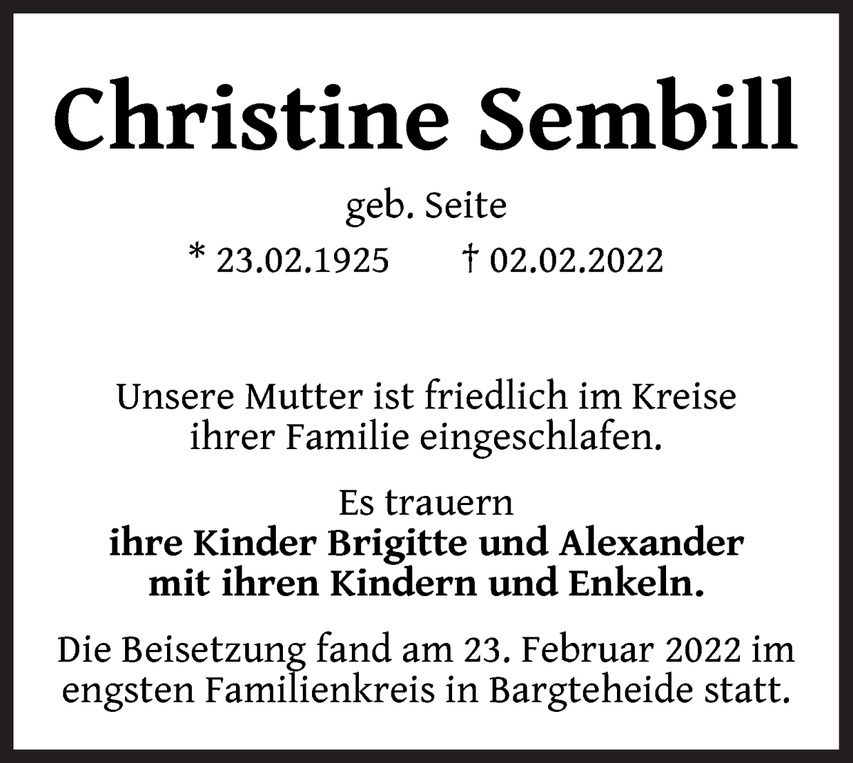  Traueranzeige für Christine Sembill vom 05.03.2022 aus Die Norddeutsche