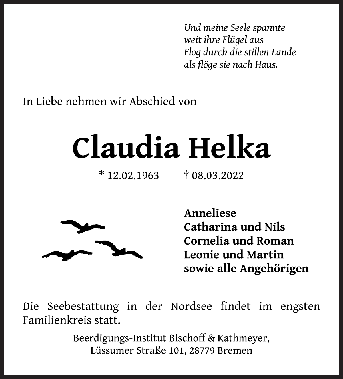Traueranzeige von Claudia Helka von Die Norddeutsche