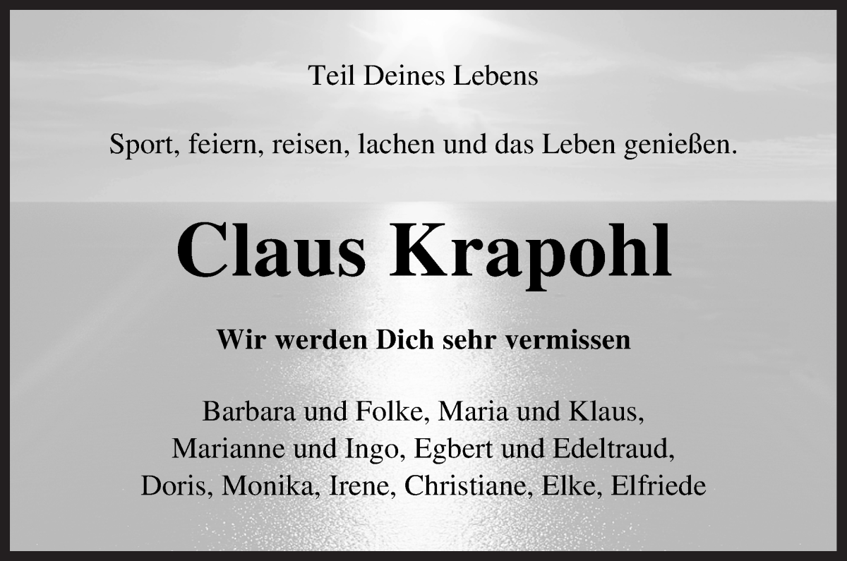 Traueranzeige von Claus Krapohl von WESER-KURIER