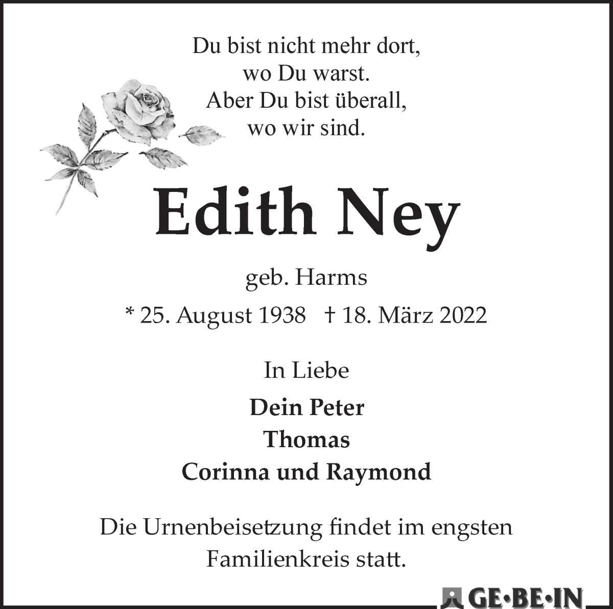  Traueranzeige für Edith Ney vom 26.03.2022 aus WESER-KURIER