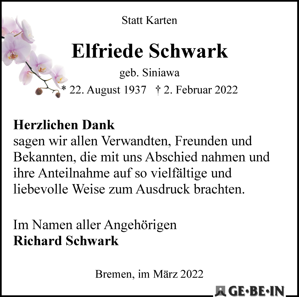  Traueranzeige für Elfriede Schwark vom 12.03.2022 aus WESER-KURIER