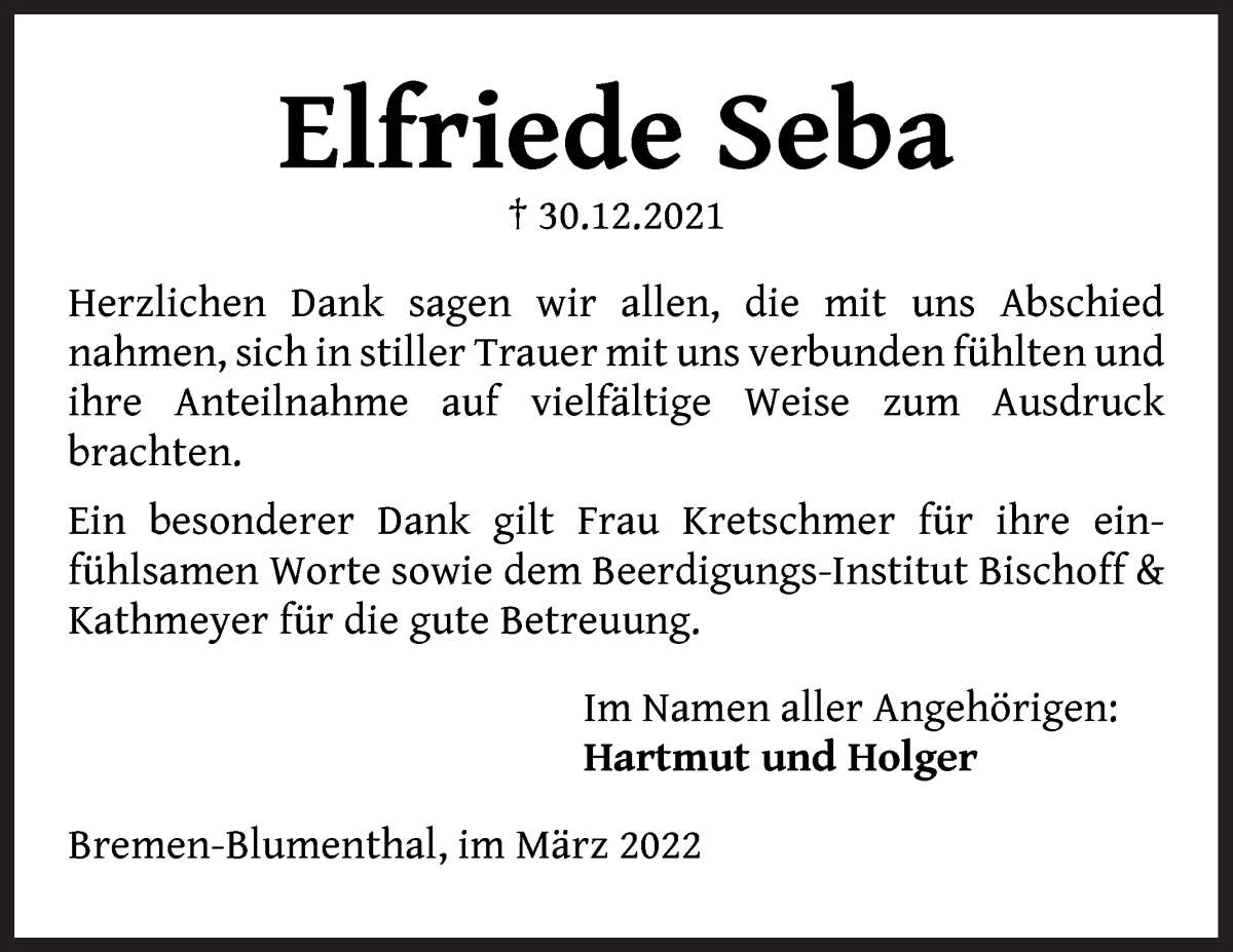 Traueranzeige von Elfriede Seba von Die Norddeutsche