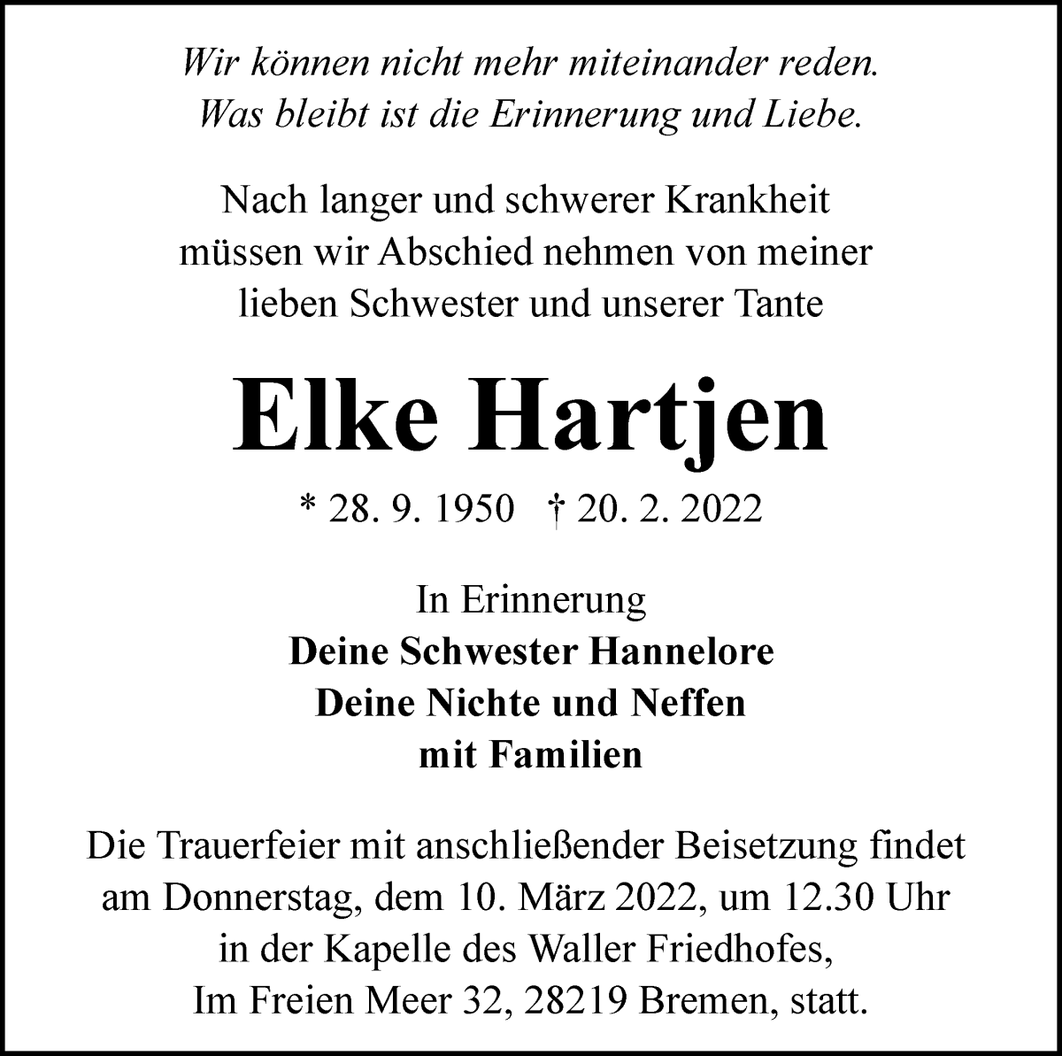  Traueranzeige für Elke Hartjen vom 05.03.2022 aus WESER-KURIER