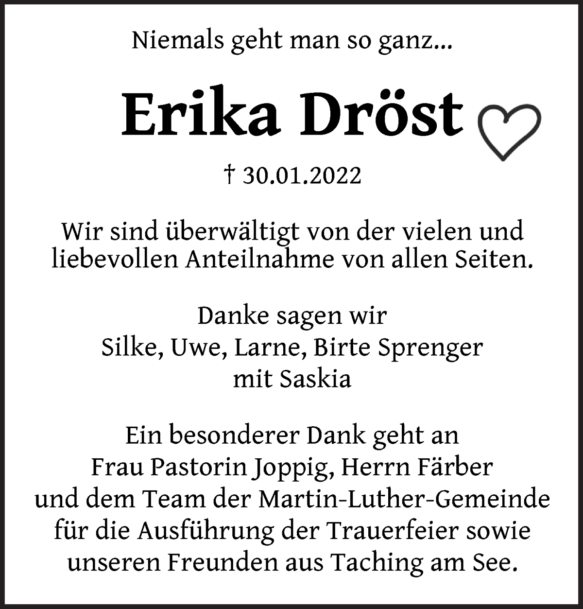  Traueranzeige für Erika Dröst vom 26.03.2022 aus WESER-KURIER