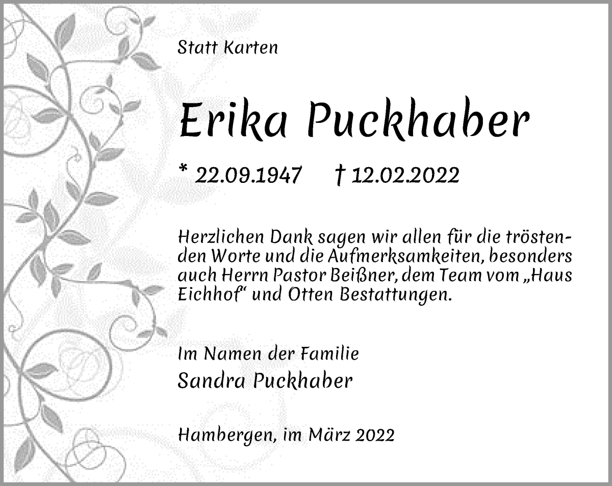  Traueranzeige für Erika Puckhaber vom 19.03.2022 aus Osterholzer Kreisblatt