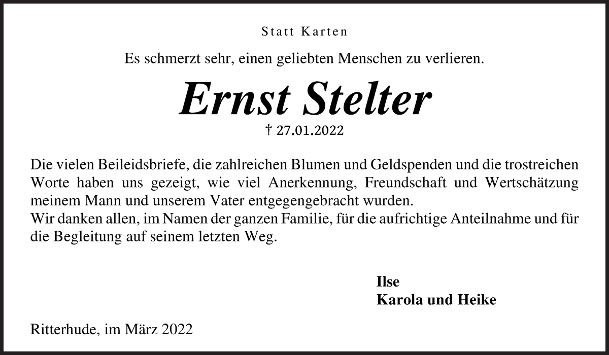 Traueranzeige für Ernst Stelter vom 05.03.2022 aus Osterholzer Kreisblatt