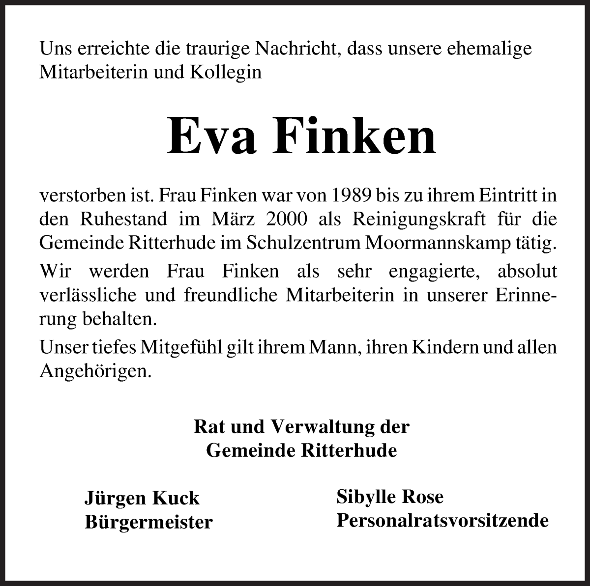 Traueranzeige für Eva Finken vom 09.03.2022 aus Osterholzer Kreisblatt