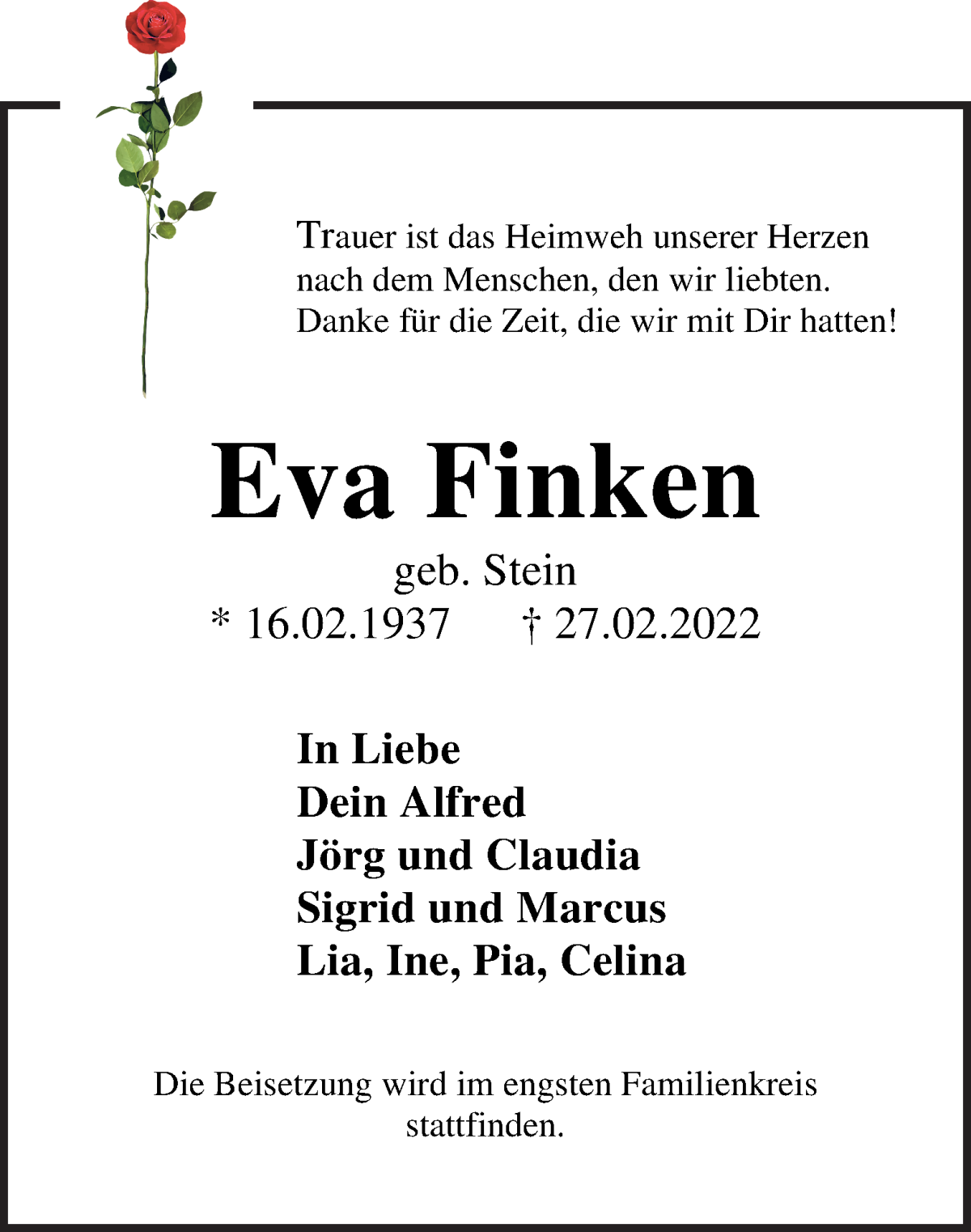  Traueranzeige für Eva Finken vom 05.03.2022 aus Osterholzer Kreisblatt