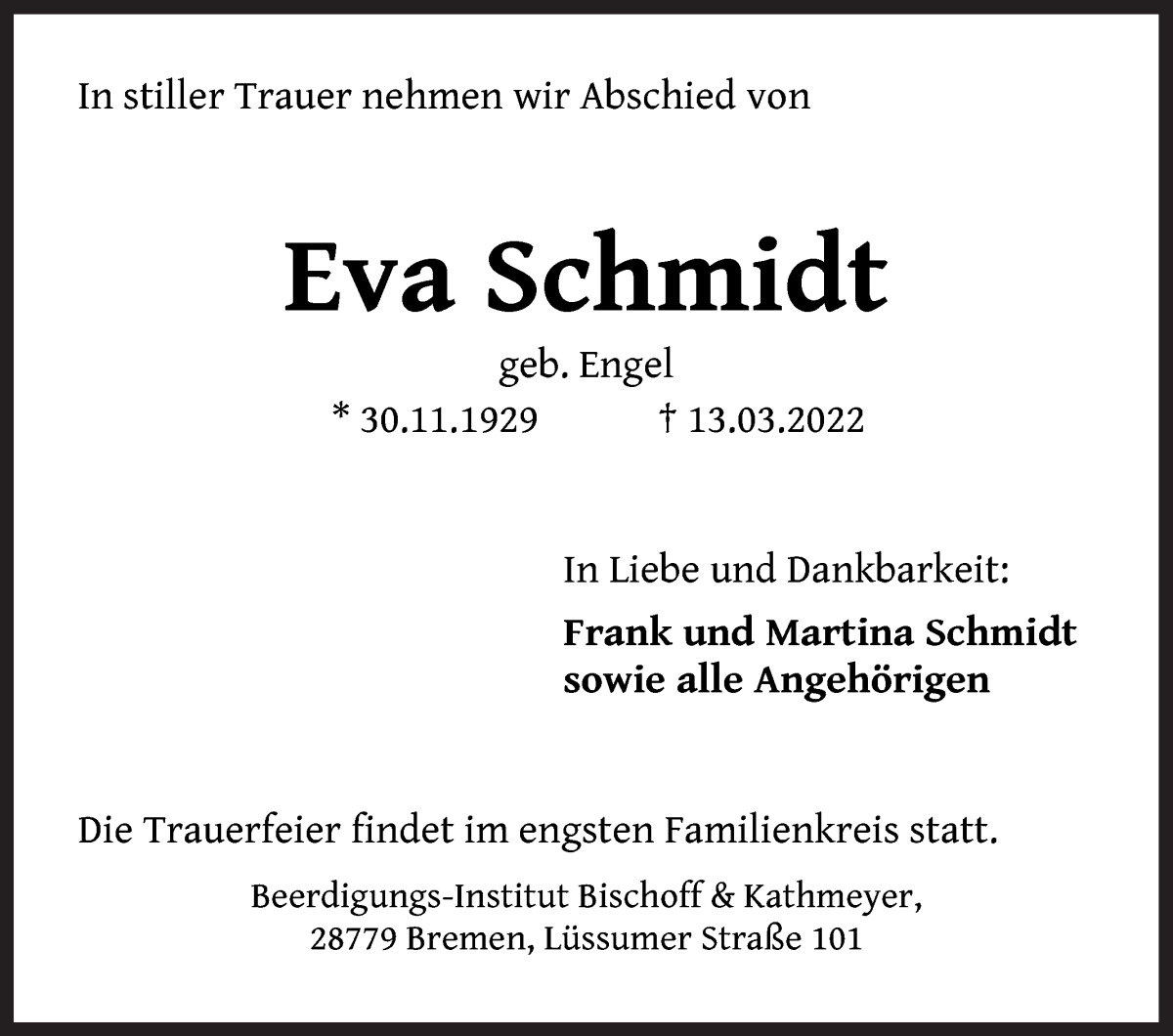Traueranzeige von Eva Schmidt von Die Norddeutsche