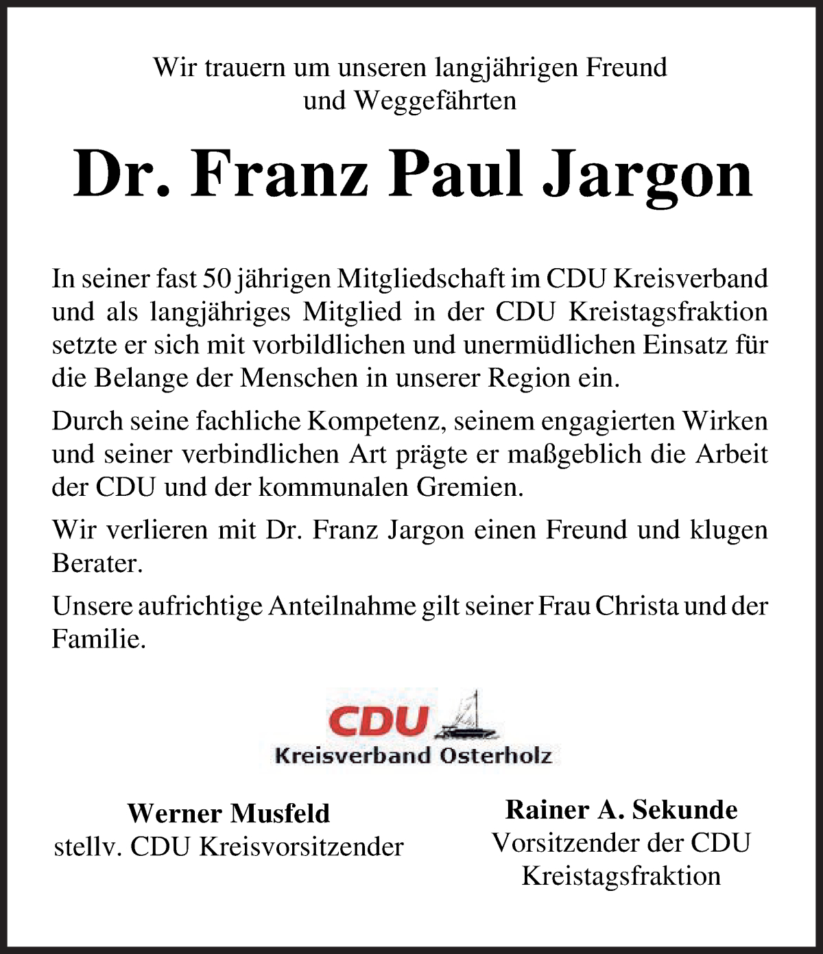 Traueranzeige von Franz Paul Jargon von Die Norddeutsche