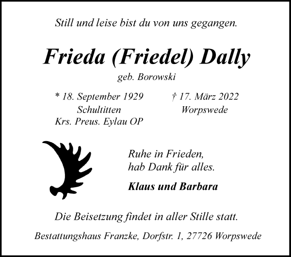 Traueranzeige von Frieda Dally von Osterholzer Kreisblatt