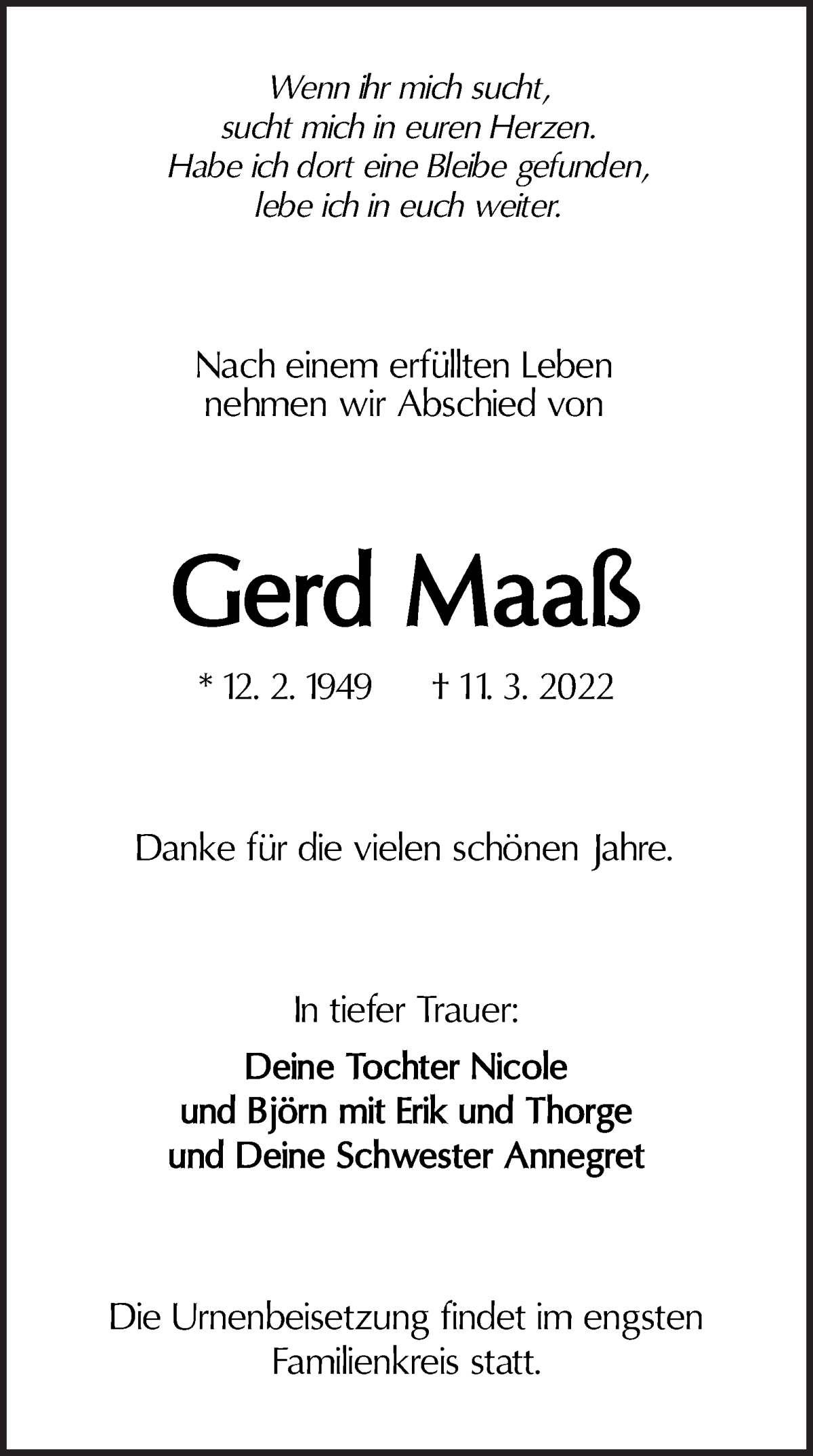 Traueranzeige von Gerd Maaß von Die Norddeutsche