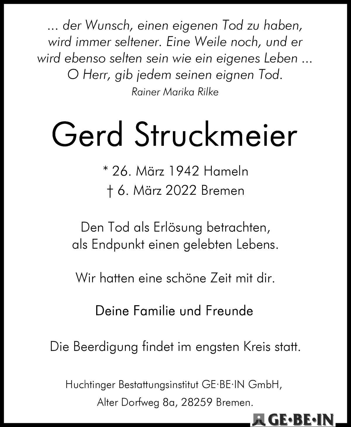  Traueranzeige für Gerd Struckmeier vom 19.03.2022 aus WESER-KURIER