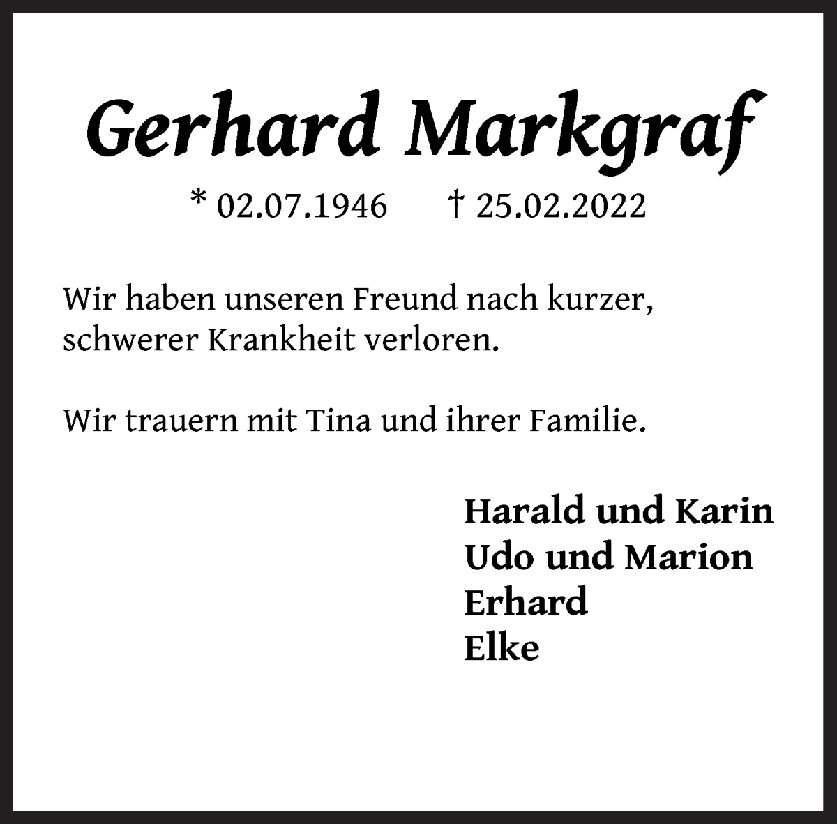 Traueranzeige von Gerhard Markgraf von Die Norddeutsche