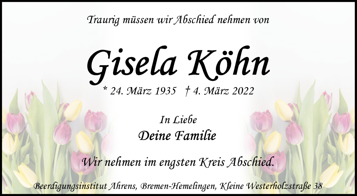Traueranzeige von Gisela Köhn von WESER-KURIER