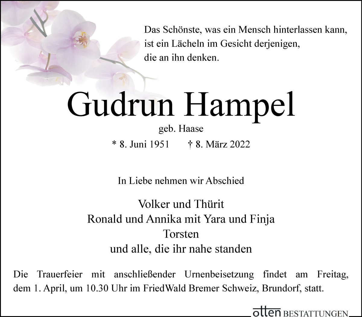  Traueranzeige für Gudrun Hampel vom 19.03.2022 aus Osterholzer Kreisblatt