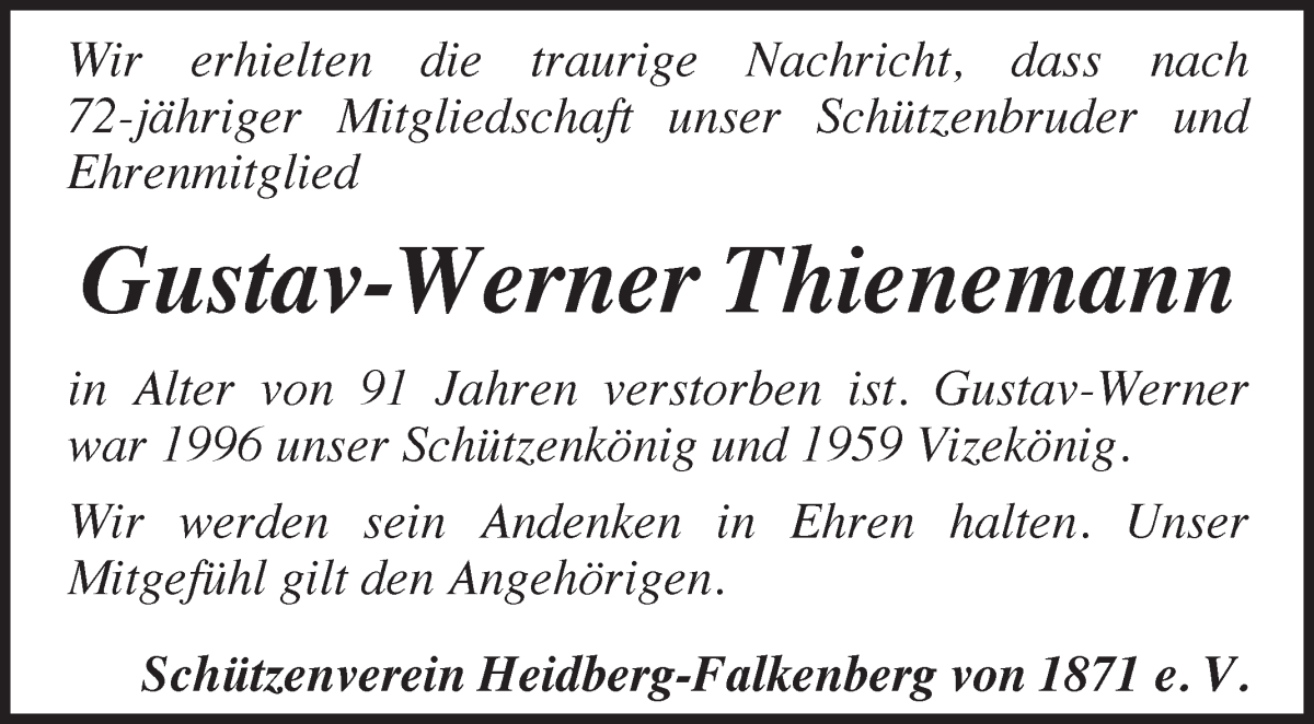 Traueranzeige von Gustav-Werner Thienemann von Wuemme Zeitung