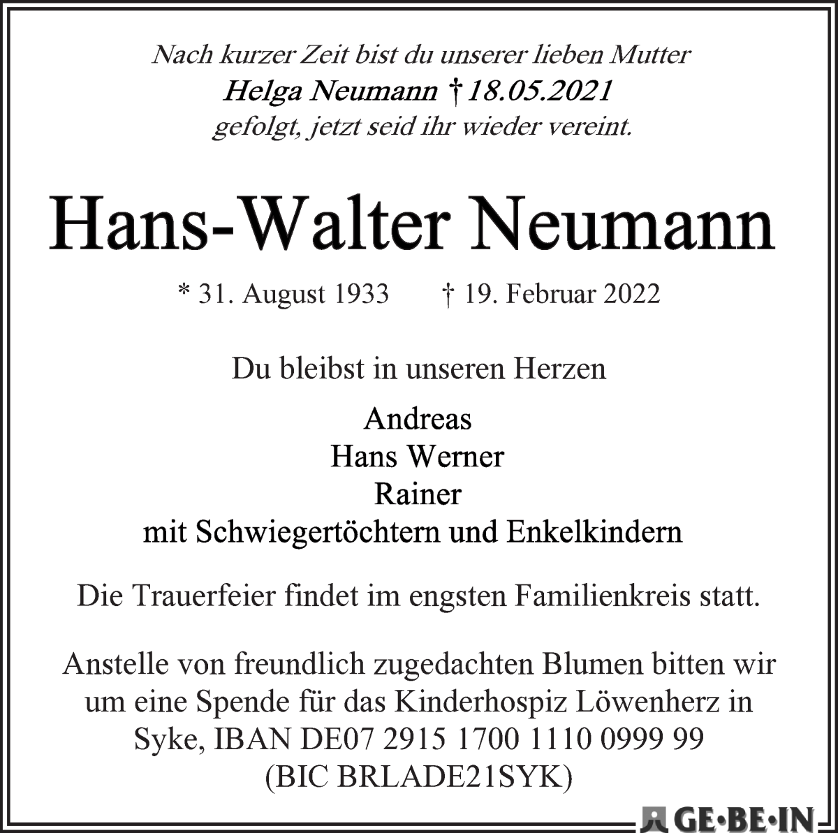 Traueranzeige von Hans-Walter und Helga Neumann von WESER-KURIER