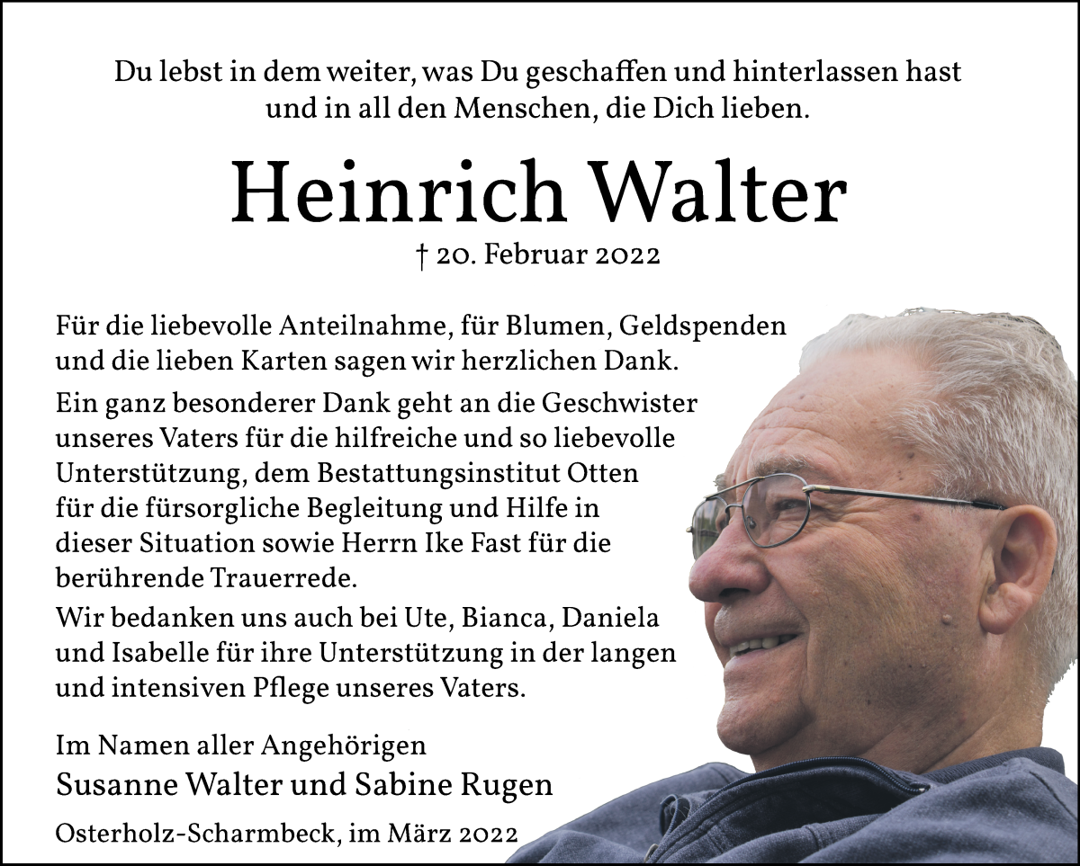 Traueranzeige von Heinrich Walter von Osterholzer Kreisblatt