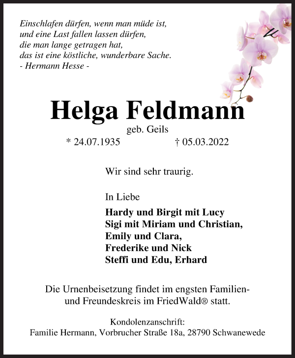 Traueranzeige von Helga Feldmann