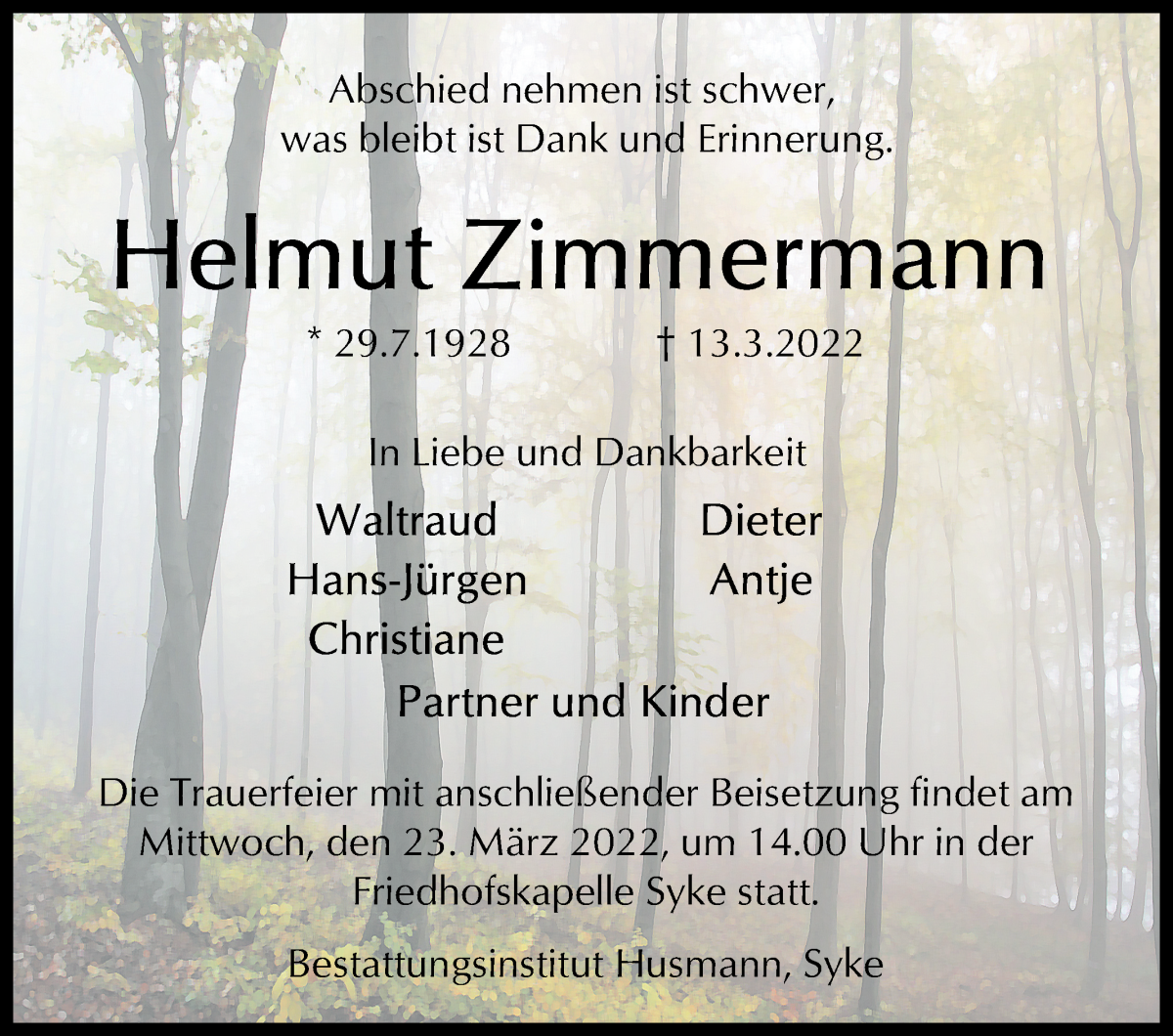  Traueranzeige für Helmut Zimmermann vom 19.03.2022 aus WESER-KURIER