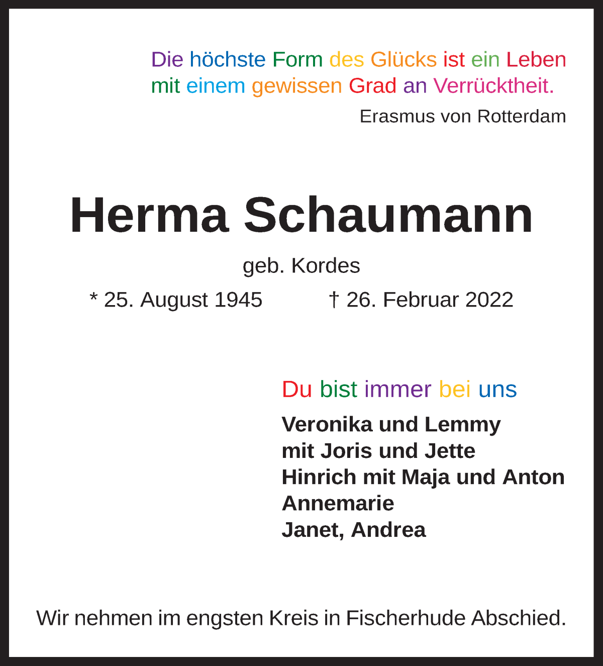 Traueranzeige von Herma Schaumann von Achimer Kurier/Verdener Nachrichten