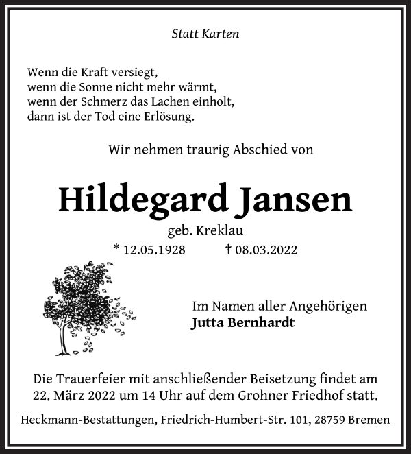 Traueranzeige von Hildegard Jansen