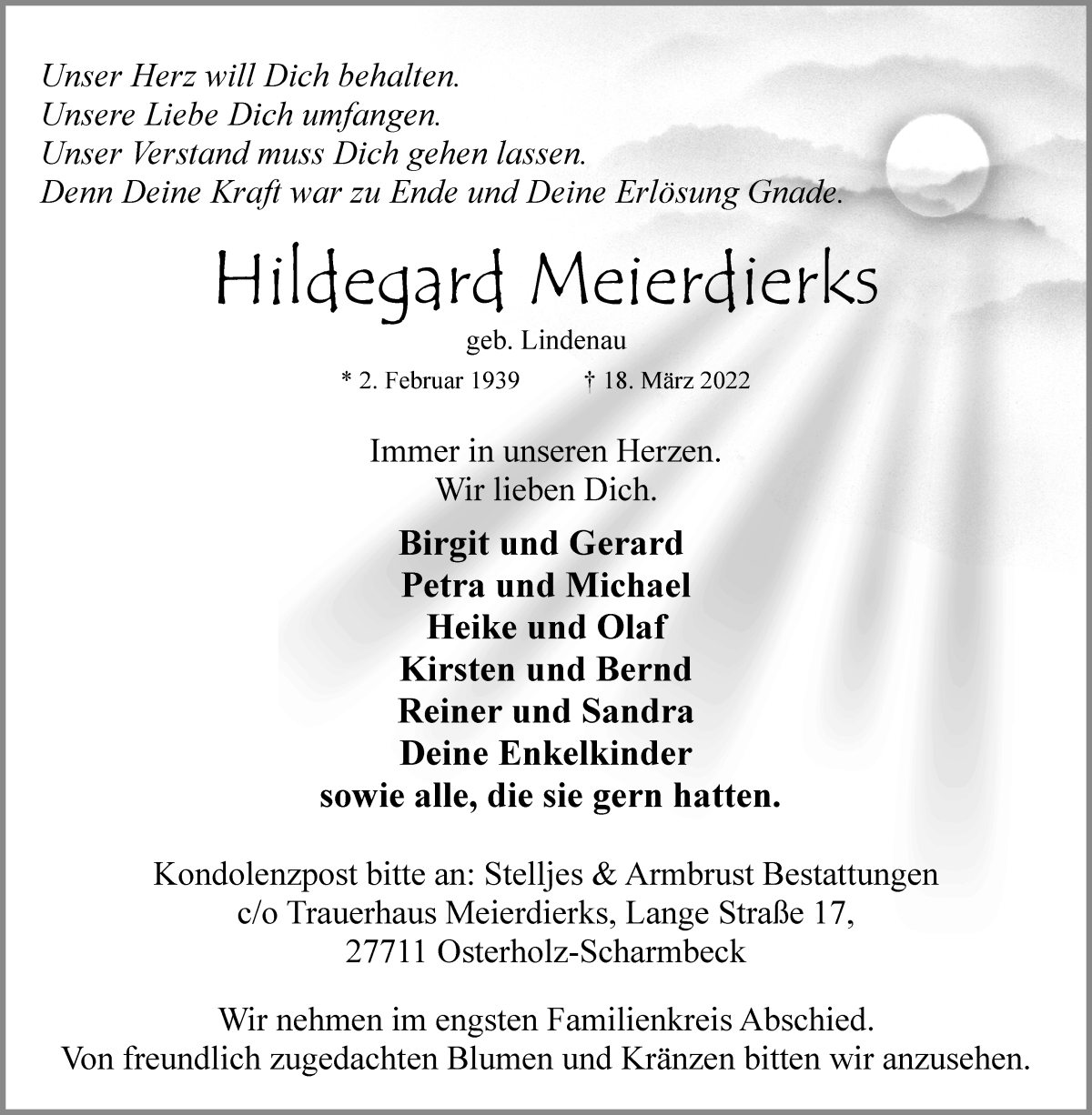  Traueranzeige für Hildegard Meierdierks vom 26.03.2022 aus Osterholzer Kreisblatt