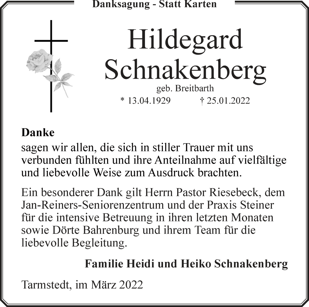  Traueranzeige für Hildegard Schnakenberg vom 05.03.2022 aus Wuemme Zeitung
